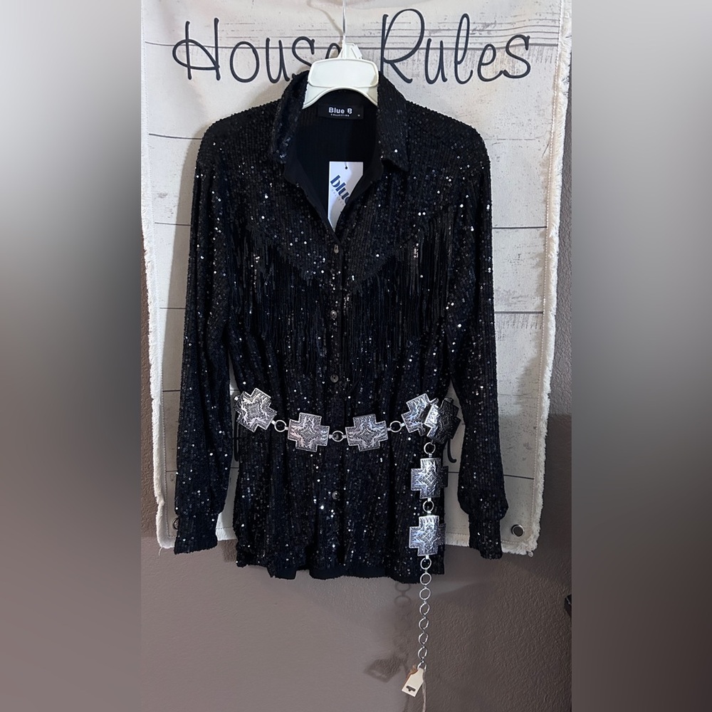 WESTERN MEDIUM BlueB collection. Sequin fringe shirt NWT BELT NOT INCLUDED ‼️ - Picture 3 of 13